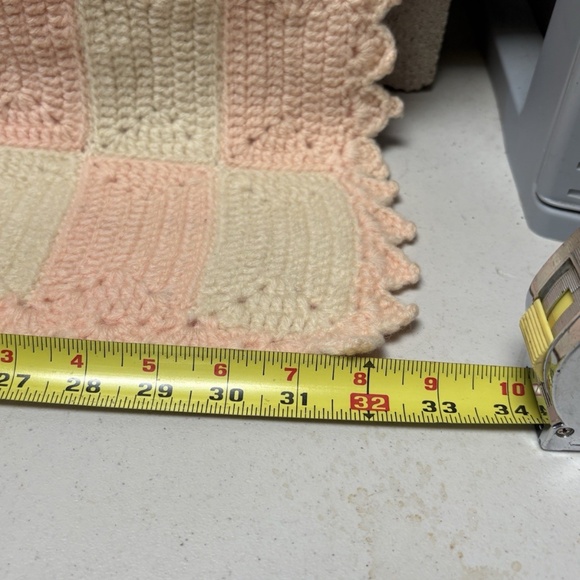 Vintage Handmade Crocheted Salmon Pink Cream Baby Blanket & Baby/Doll Dress - Picture 9 of 12